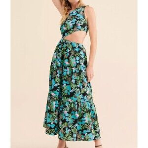 Moon River UO Womens Floral Dani Cut Out One Shoulder Maxi Dress Size Large Blue